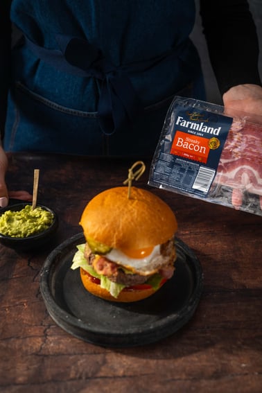 Barbecue deluxe venison burger _Farmland_portrait 1_side on_LR