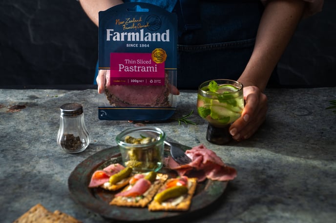 Pastrami, crème fraîche, cornichons _ rosemary CrackerBread_Farmland_landscape_side on_LR