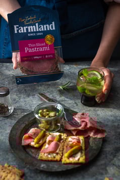 Pastrami, crème fraîche, cornichons _ rosemary CrackerBread_Farmland_portrait_side on_LR