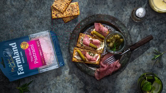 Pastrami, crème fraîche, cornichons _ rosemary CrackerBread_Farmland_portrait_topdown_LR